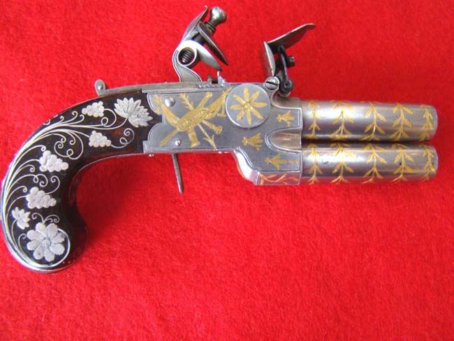 Possibly the FINEST pair of English Gold and Silver Inlaid Flintlock Over and Under Pocket Pistols on the market today! Circa 1800-1810. — image 4